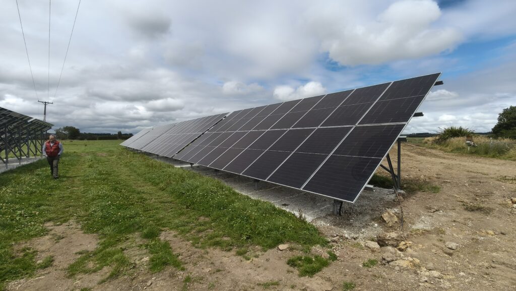 A man from Ernest Energy walking beside a row of solar panels installed on a farm in Southland